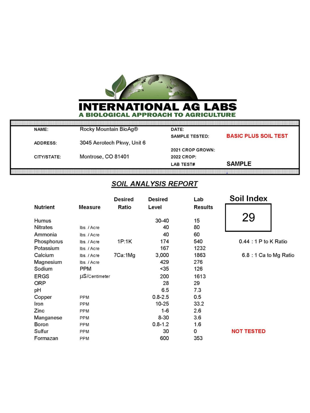 Rocky Mountain BioAg® Basic PLUS Soil Test from International Ag Labs