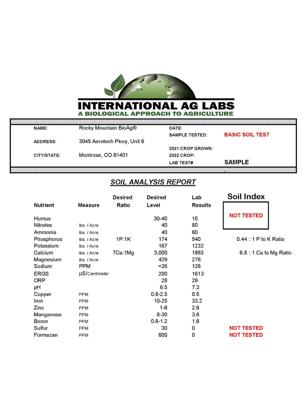 Rocky Mountain BioAg® Basic Soil Analysis Test from International Ag Labs