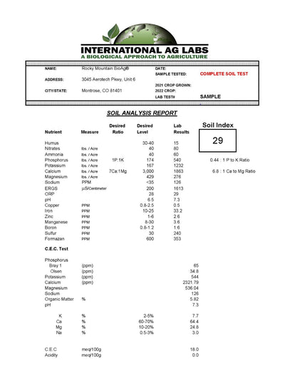 Rocky Mountain BioAg® Complete Soil Test with International Ag Labs analysis report