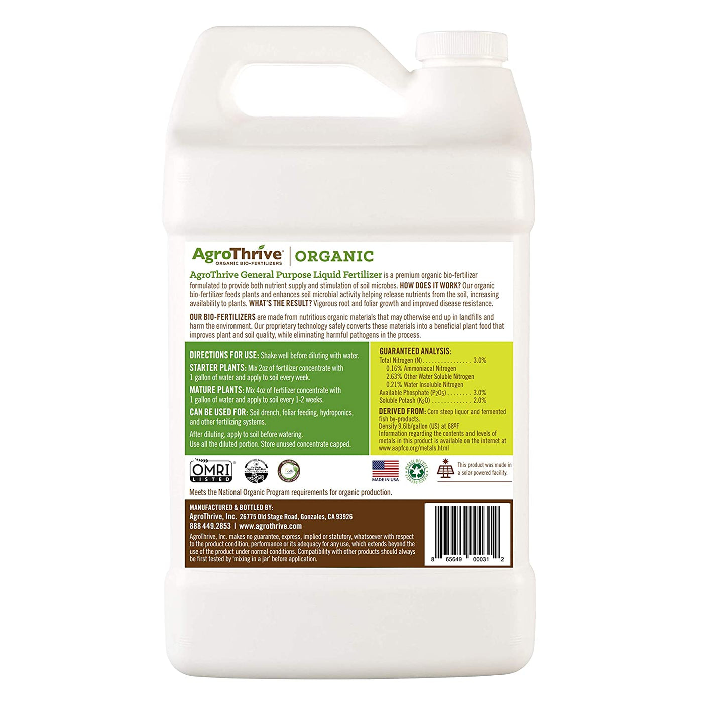 AgroThrive Organic 3-3-2 General Purpose Liquid Fertilizer 1 Gallon Back Label