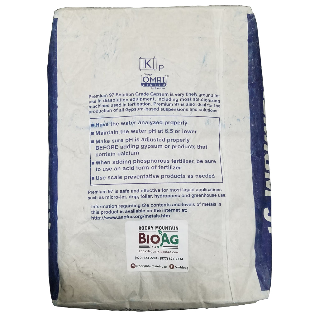 Back of 50lb Bag of Diamond K Premium Organic Solution Grade Gypsum