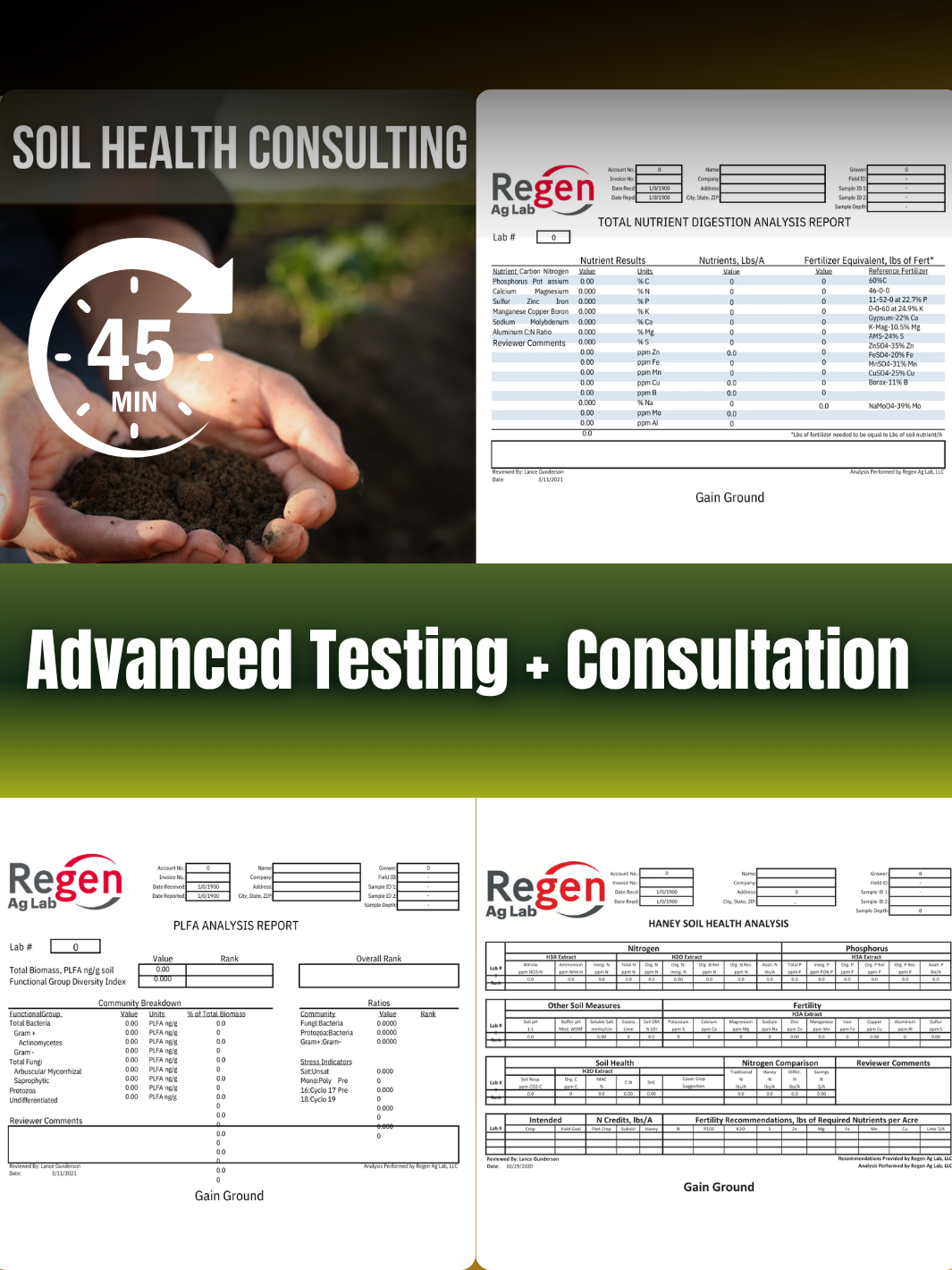 Advanced soil testing and soil health consultation package featuring nutrient analysis, Haney soil health testing, PLFA analysis, and personalized guidance to help growers improve soil biology and nutrient management.