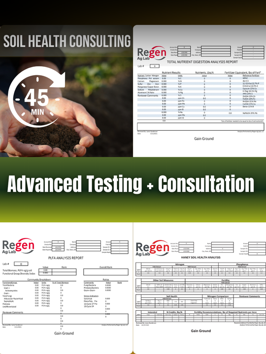 Advanced soil testing and soil health consultation package featuring nutrient analysis, Haney soil health testing, PLFA analysis, and personalized guidance to help growers improve soil biology and nutrient management.