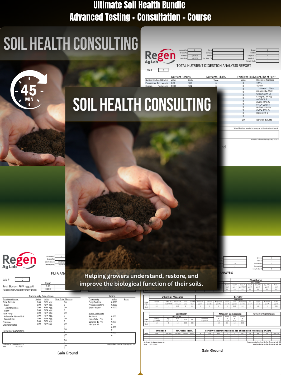Ultimate Soil Health Bundle including advanced soil testing, personalized soil health consulting, laboratory soil analysis, and professional education to help growers improve soil biology and nutrient management.