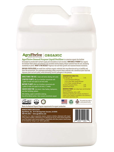 AgroThrive Organic 3-3-2 General Purpose Liquid Fertilizer 1 Gallon Back Label