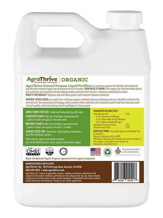 AgroThrive Organic 3-3-2 General Purpose Liquid Fertilizer 32 Ounce Back Label