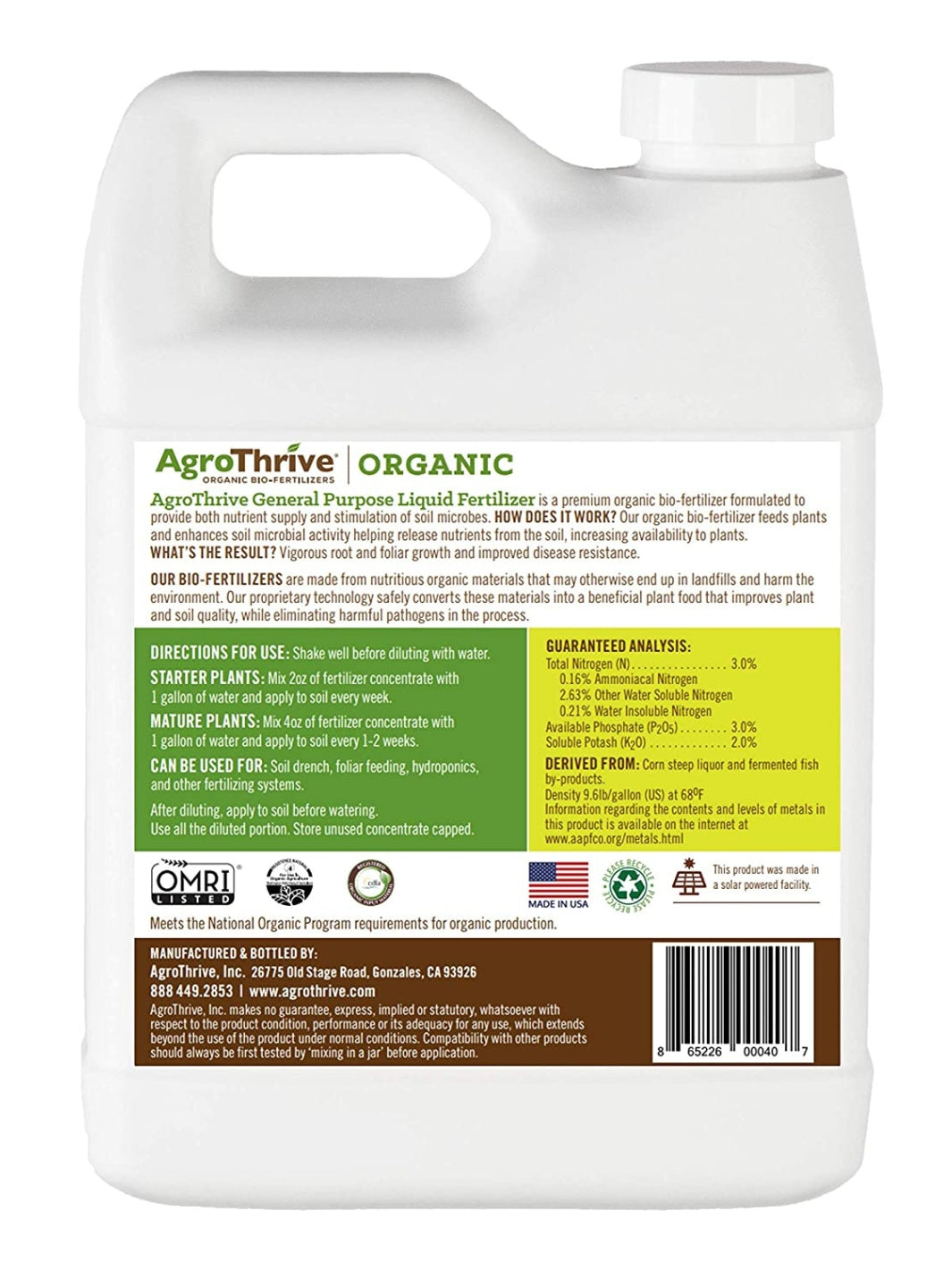 AgroThrive Organic 3-3-2 General Purpose Liquid Fertilizer 32 Ounce Back Label