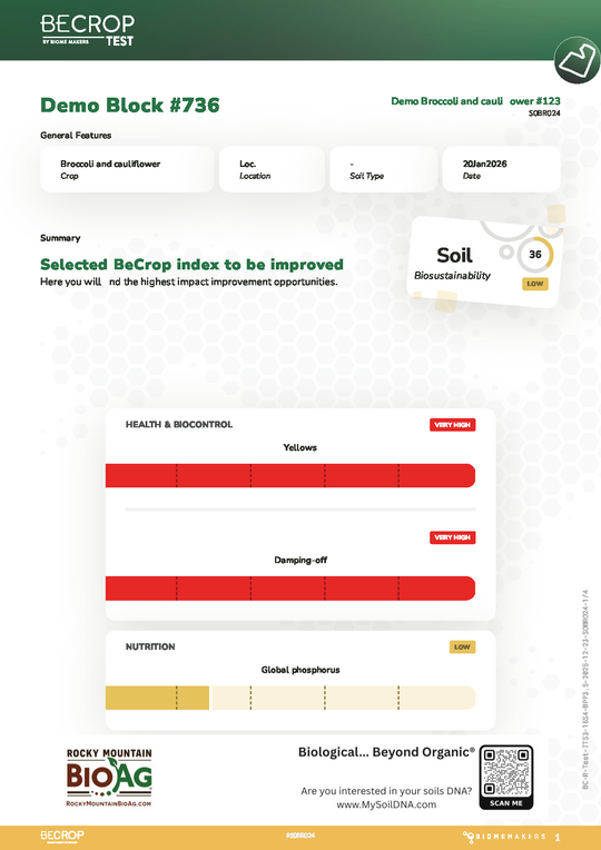 BeCrop Broccoli and Cauliflower with a Biological... Beyond Organic Logo QR Code and MySoilDNA.com website.