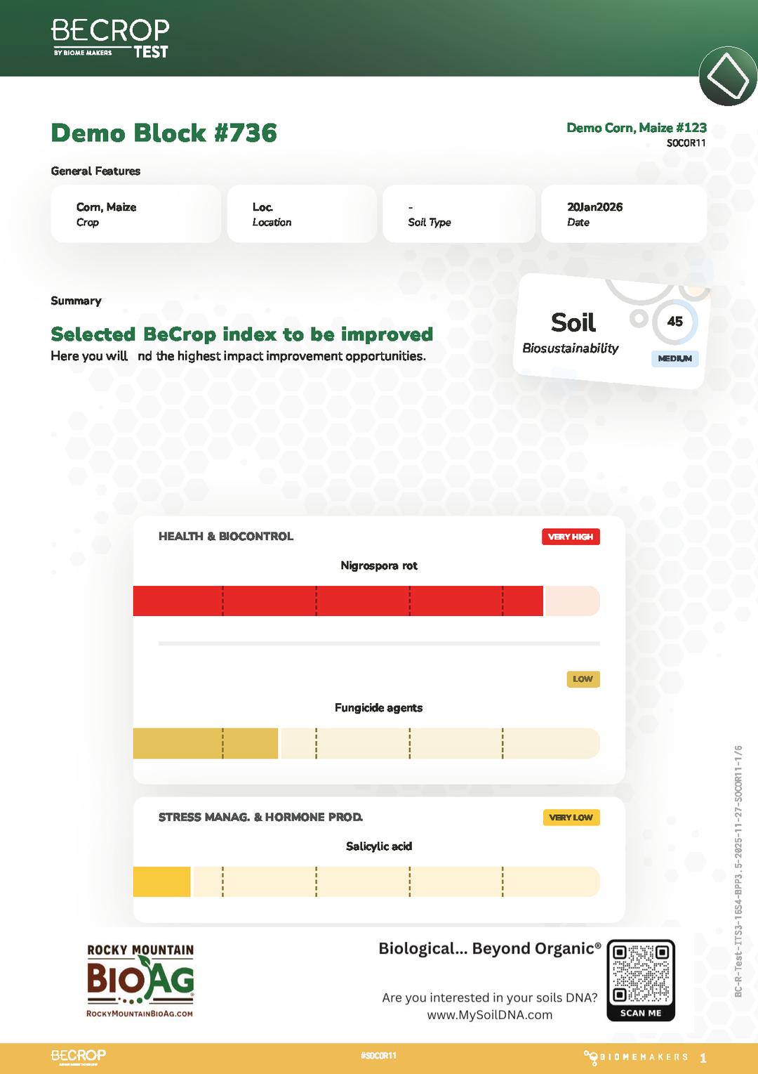 BeCrop Corn - Maize with a Biological... Beyond Organic Logo QR Code and MySoilDNA.com website.