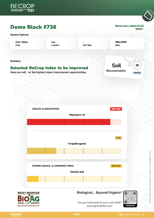 BeCrop Corn - Maize with a Biological... Beyond Organic Logo QR Code and MySoilDNA.com website.