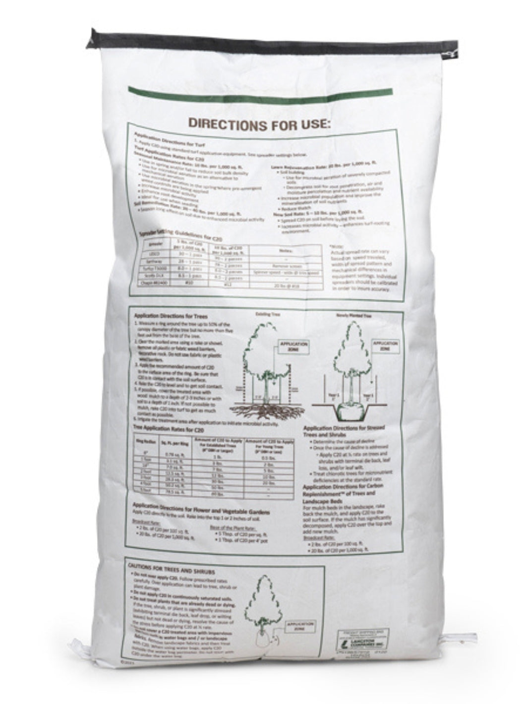 Back of a bag of C20 Soil Builder for trees, shrubs, and turf, featuring a white paper bag with application directions.
