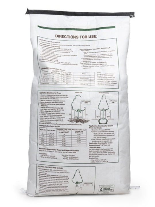 Back of a bag of C20 Soil Builder for trees, shrubs, and turf, featuring a white paper bag with application directions.