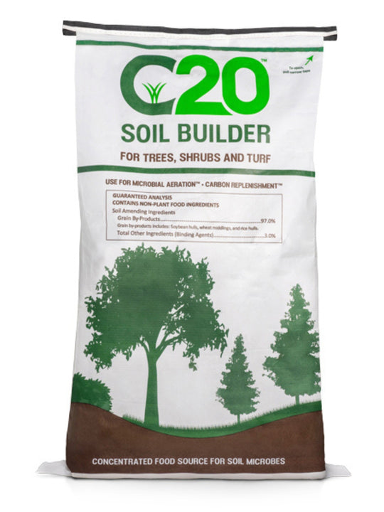 A bag of C20 Soil Builder  for trees, shrubs, and turf, featuring a white bag with green and brown graphics of trees and soil.