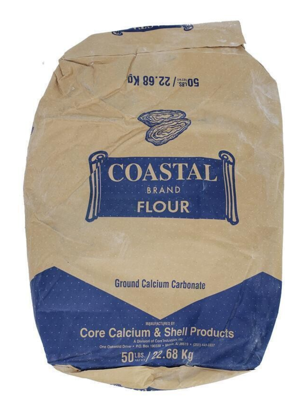 A 50 lb bag of Coastal Brand Flour, featuring a brown paper bag with a blue and white logo and text, including &
