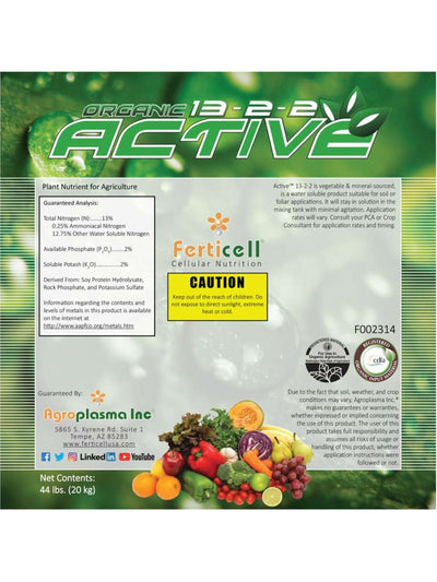 Active 13-2-2 Organic Fertilizer Label