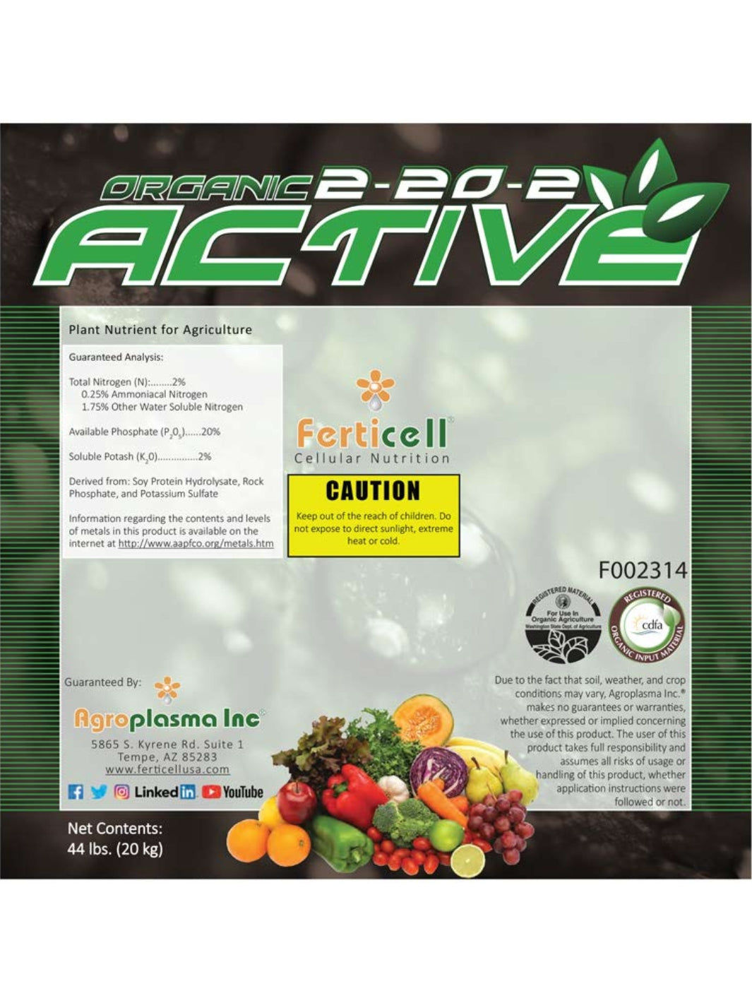 Active 2-20-2 Organic Fertilizer Label