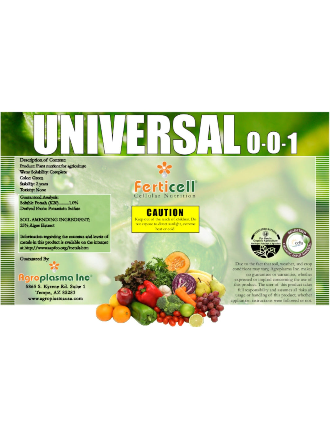 Universal 0-0-1 Freshwater Algae Extract Organic Fertilizer Label