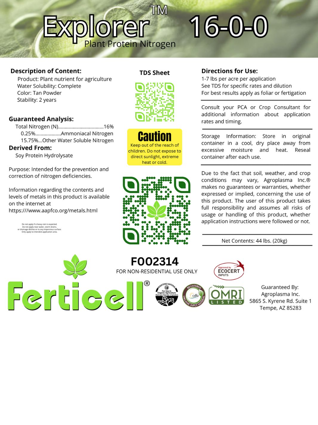 protein fertilizer for plants Ferticell Explorer 16-0-0 Organic Nitrogen Fertilizer 44 Pound Bag
