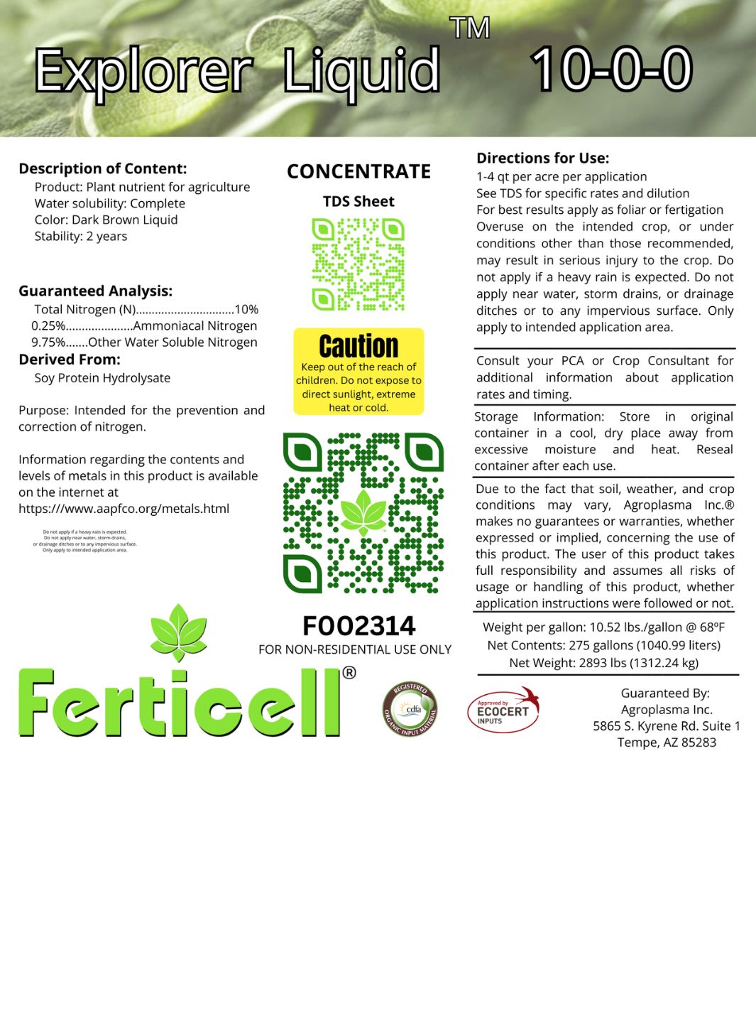 Ferticell Explorer Liquid 10-0-0 – Organic Nitrogen Fertilizer