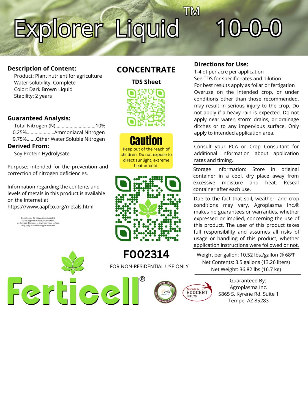 Ferticell Explorer Liquid 10-0-0 – Organic Nitrogen Fertilizer 275 Gallon Tote -