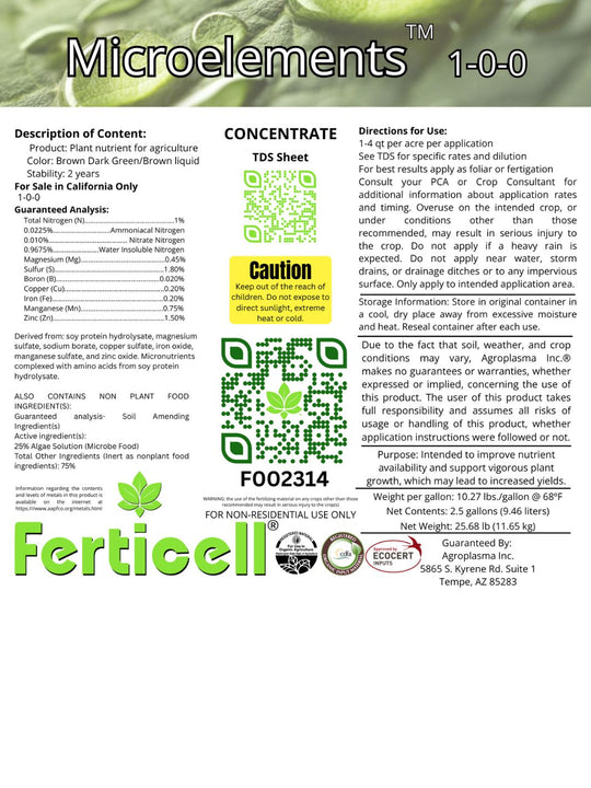 Ferticell Microelements 1-0-0 Organic Fertilizer 2.5 Gallon Label