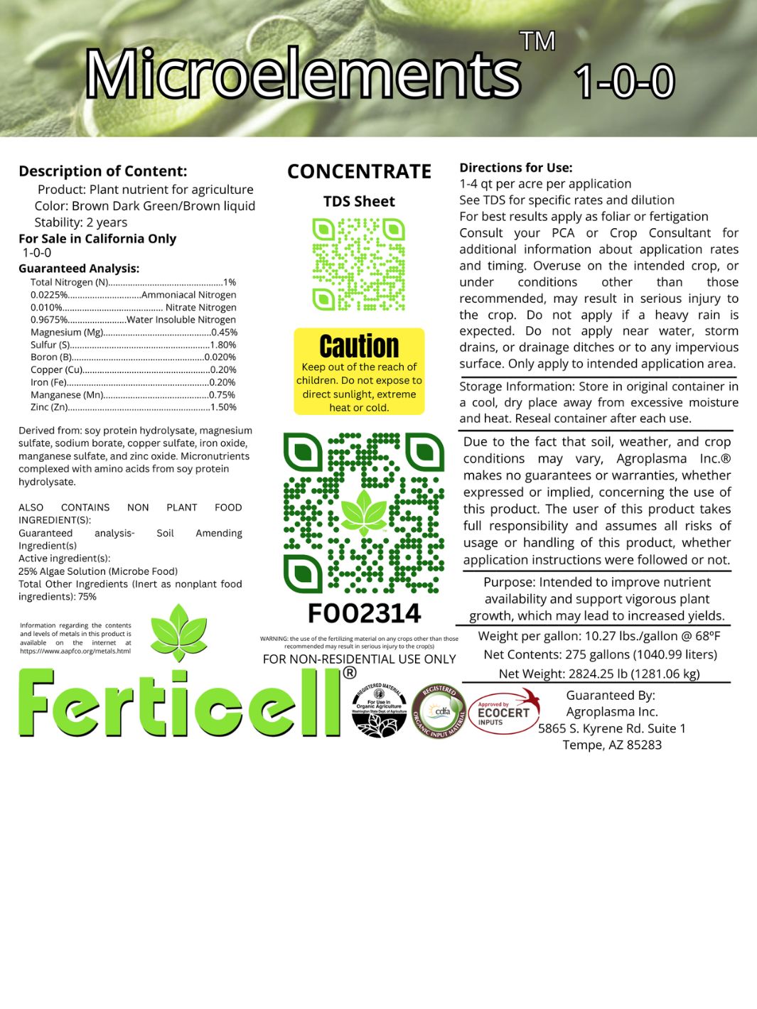 natural mineral fertilizers micro nutrient mix Microelements 1-0-0 Organic Fertilizer