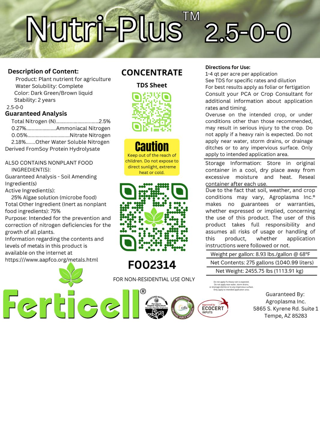 heat herbicide label canada Nutri-Plus 2.5-0-0 Organic Fertilizer