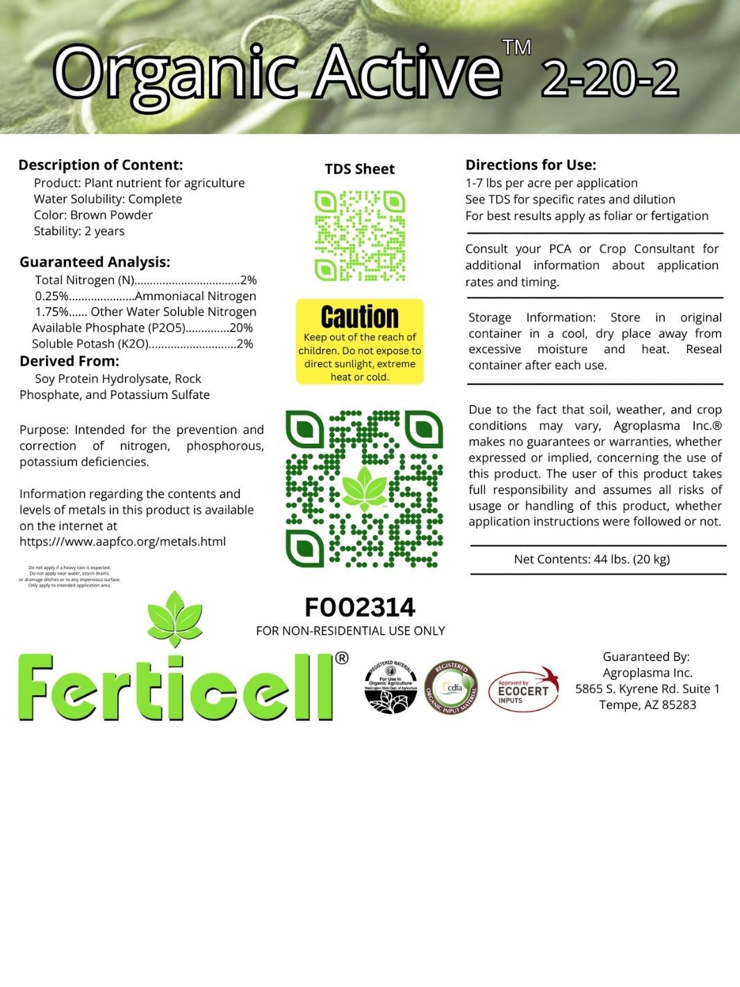 foundation turf herbicide mixing instructions Active 2-20-2 Organic NPK Fertilizer | CDFA Certified