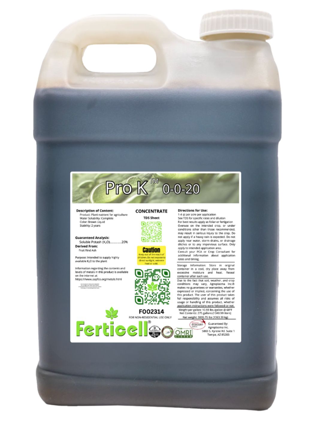 Ferticell Pro K 0-0-20 Organic Fertilizer with Potassium 2.5 Gallon