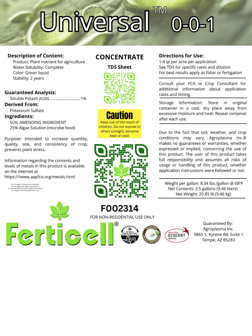 Universal 0-0-1 Freshwater Algae Extract Organic Fertilizer 2.5 Gallon Label