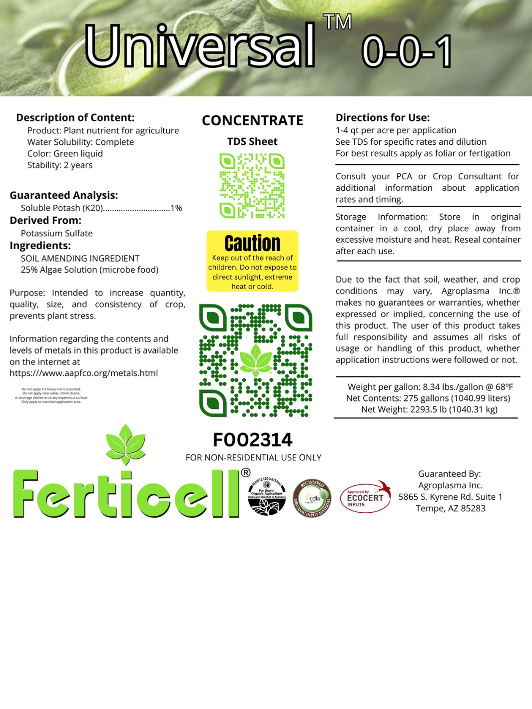 Universal 0-0-1 Freshwater Algae Extract Organic Fertilizer 275 Gallon Label