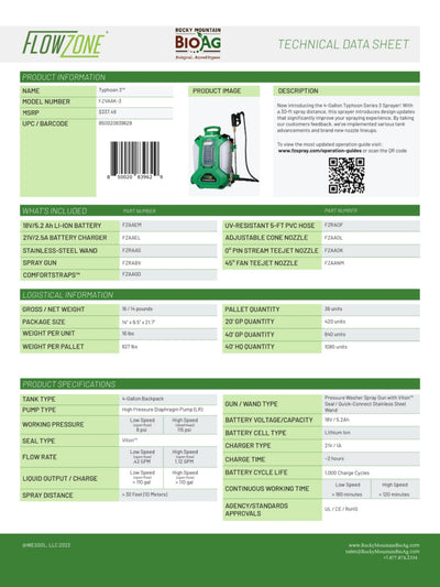 FlowZone Typhoon 3.0 Battery Operated Backpack Sprayer Technical Data Sheet