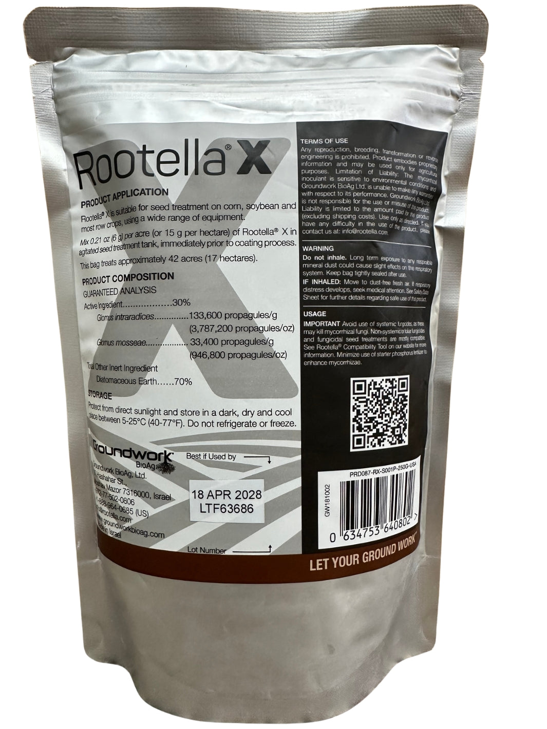 Groundwork BioAg Rootella X 8.8 oz Bag – Mycorrhizal Inoculant Back Label & Guaranteed Analysis