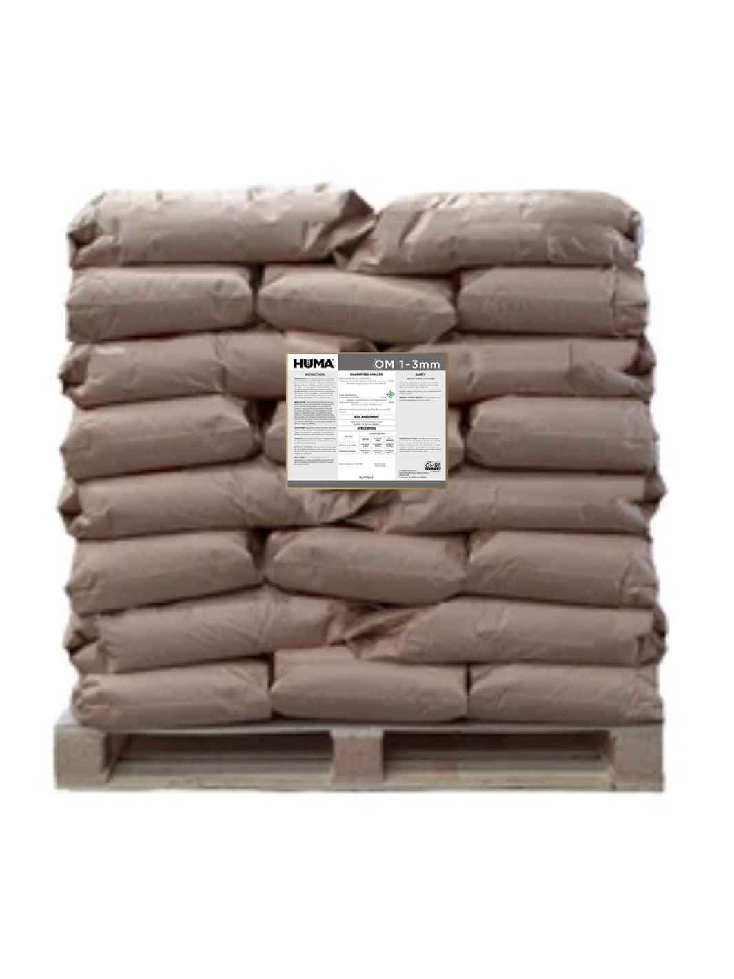 Huma OM 1–3mm Humic &amp; Fulvic Acid Granules — 70% Concentration — 2,000 lb Pallet (40×50 lb Bags) — OMRI Listed