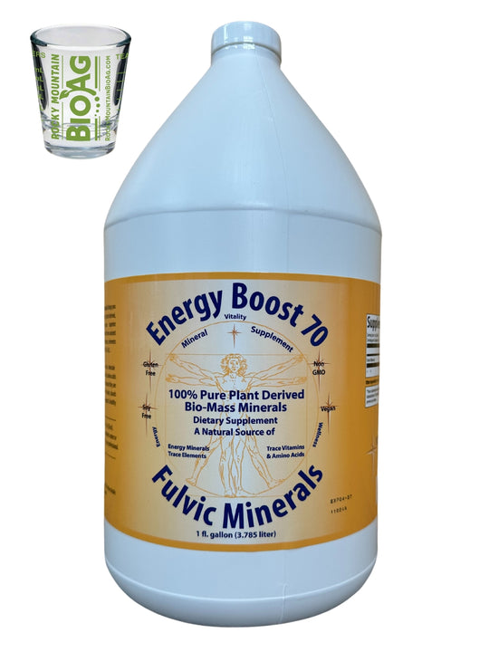1 Gallon of Energy Boost 70 Fulvic Acid by Morningstar Minerals and Rocky Mountain BioAg Measuring Shot Glass.
