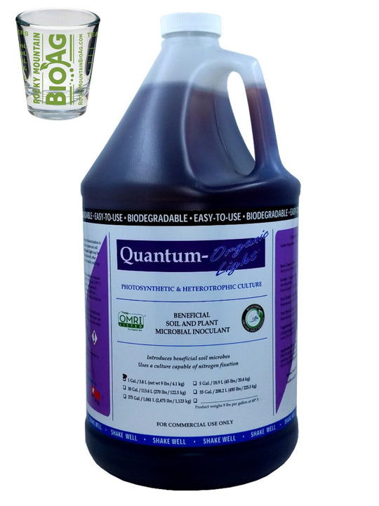 Quantum Growth Organic Light Soil Microbial Inoculant With Rocky Mountain BioAg Measuring Shot Glass