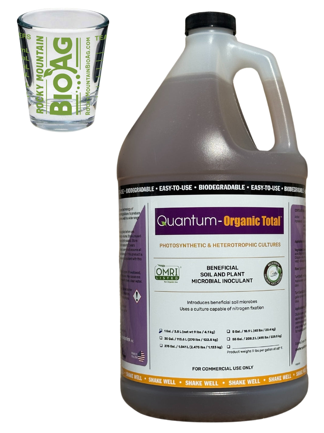 1 Gallon Quantum Growth Organic Total Biological Inoculant with Rocky Mountain BioAg Measuring Shot Glass NEW FORMULATION