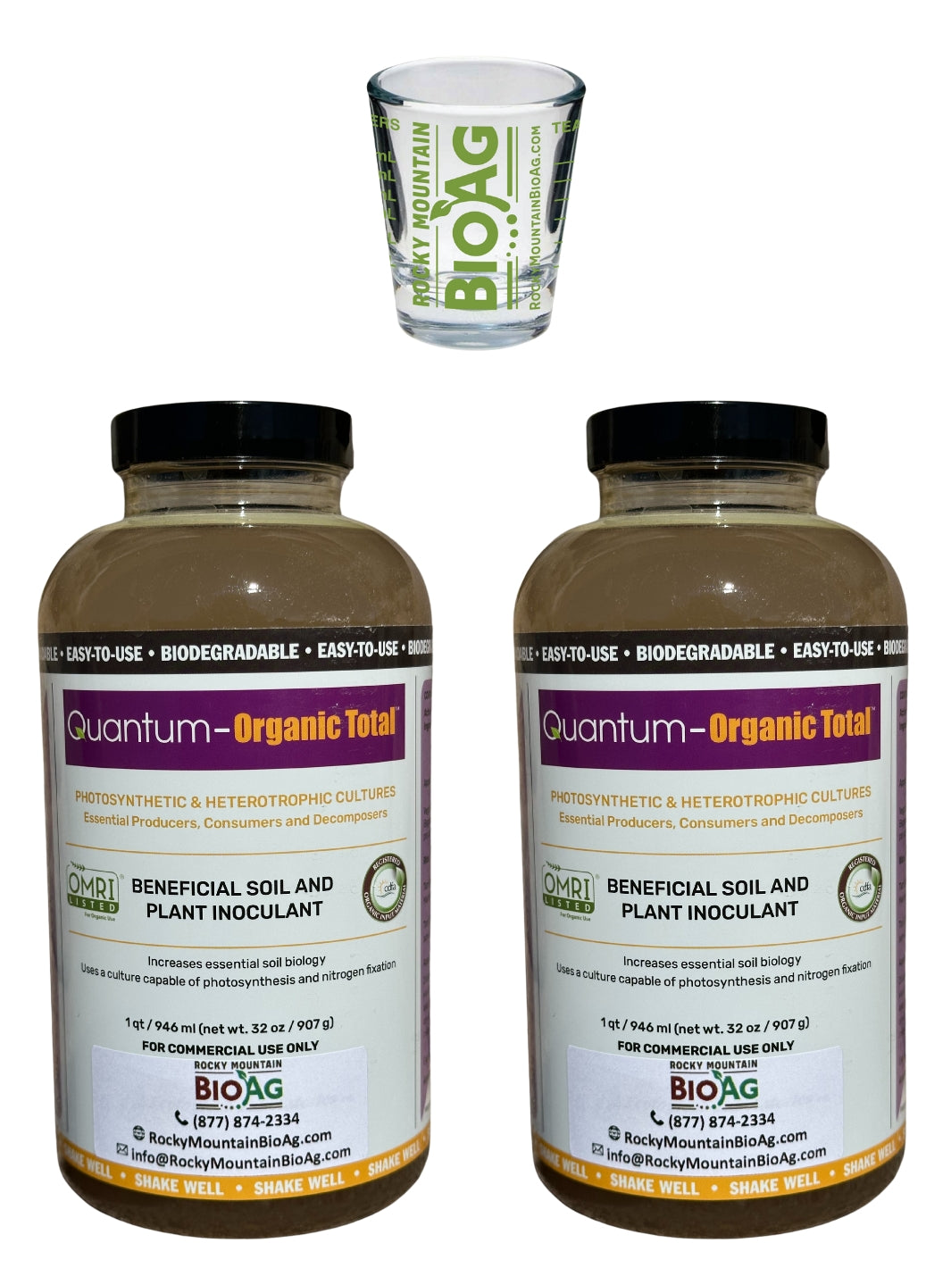 Two quarts of Quantum Growth Organic Total microbial inoculant with Rocky Mountain BioAg Measuring Glass NEW FORMULATION