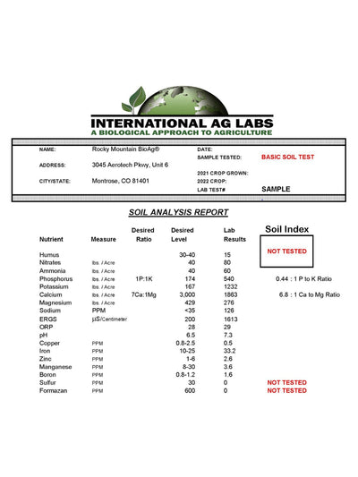 Rocky Mountain BioAg® Basic Soil Analysis Test from International Ag Labs