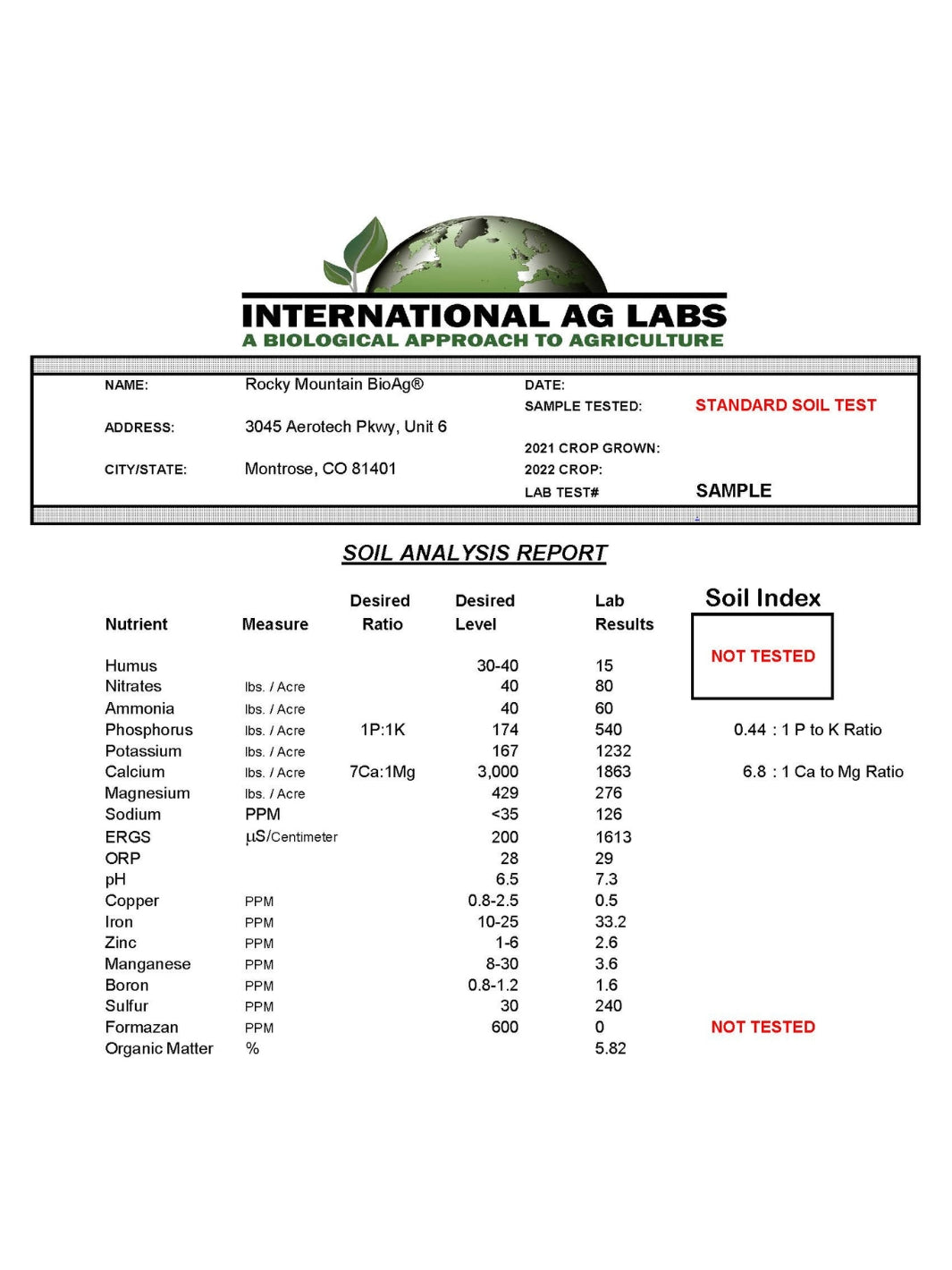 Rocky Mountain BioAg® Standard Soil Test from International Ag Labs