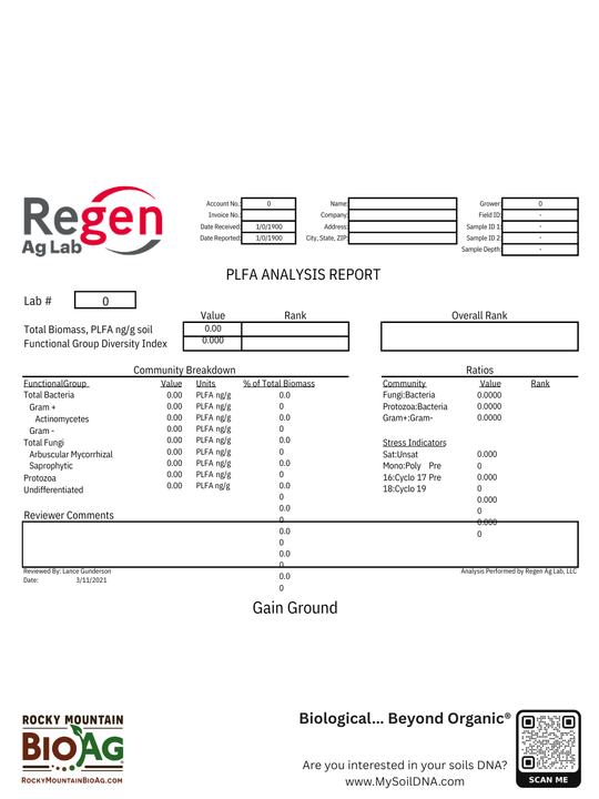 PLFA Analysis Report from Regen Ag Lab with Rocky Mountain BioAg branding.