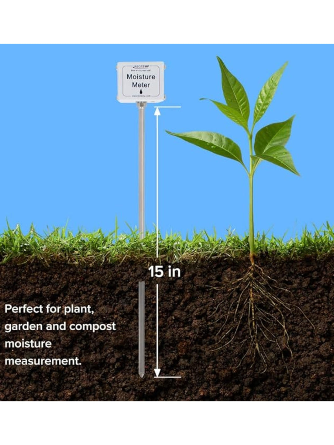 Dimensions of Reotemp Moisture Meter for gardens and compost