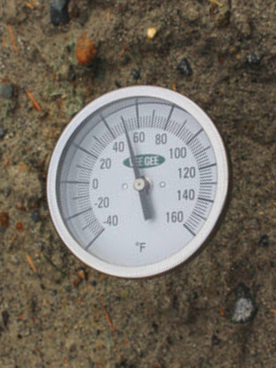 VeeGee stainless steel soil thermometer in ground