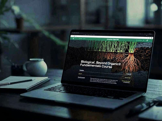 Biological…Beyond Organic® Fundamentals Course displayed on a laptop with soil and root system visuals.