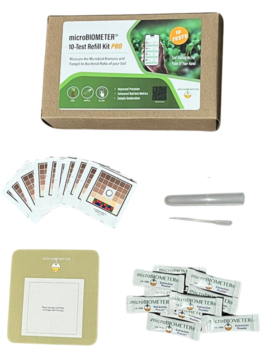 microBIOMETER PRO 10-Test Refill Kit with various components on a white background