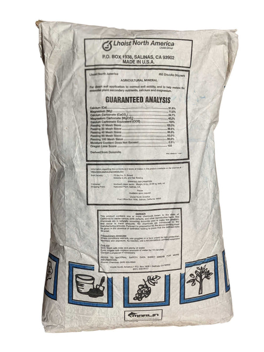Back of 50 pound bag of Dolomite Lime Calcium Magnesium Bicarbonate Mineral