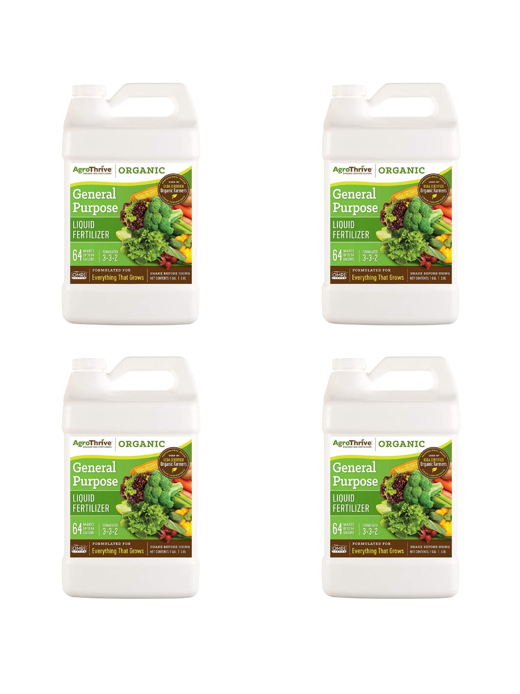 AgroThrive Organic 3-3-2 General Purpose Liquid Fertilizer 1 Gallon 4 Pack