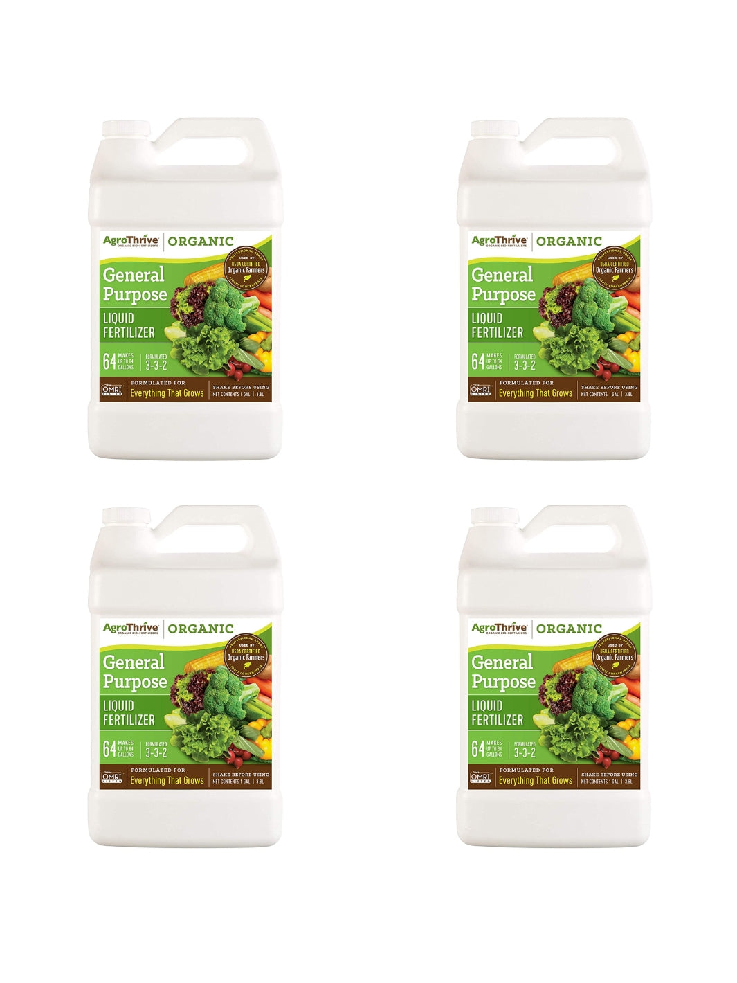 AgroThrive Organic 3-3-2 General Purpose Liquid Fertilizer 1 Gallon 4 Pack