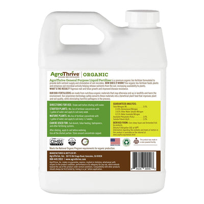 AgroThrive Organic 3-3-2 General Purpose Liquid Fertilizer 32 Ounce Back Label