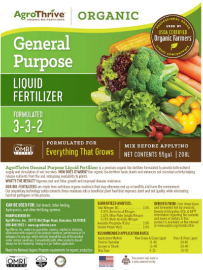 AgroThrive Organic 3-3-2 General Purpose Liquid Fertilizer 55 and 275 Gallon Label